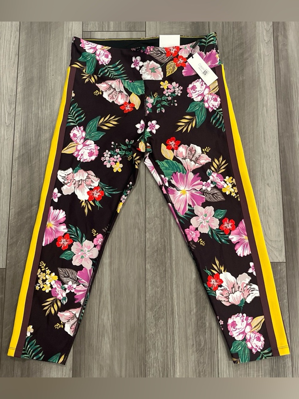 Calvin Klein Black Floral Leggings with Yellow Side Stripes